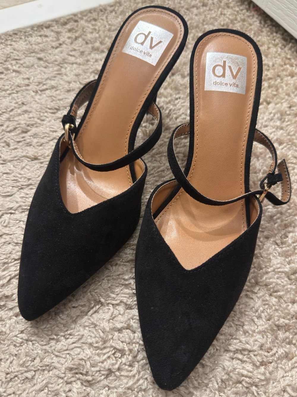 DV by Dolce Vita Black Pointed Slingback Heels with Ankle Strap - Picture 2 of 4